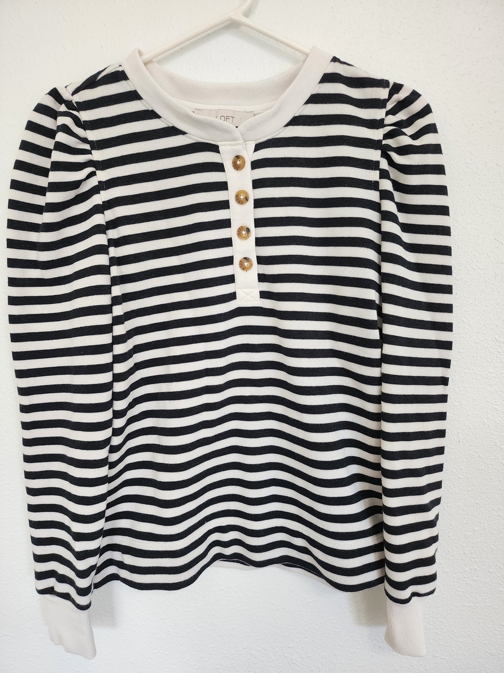 LOFT Striped Puff-Sleeve Henley Sweatshirt Knit Top